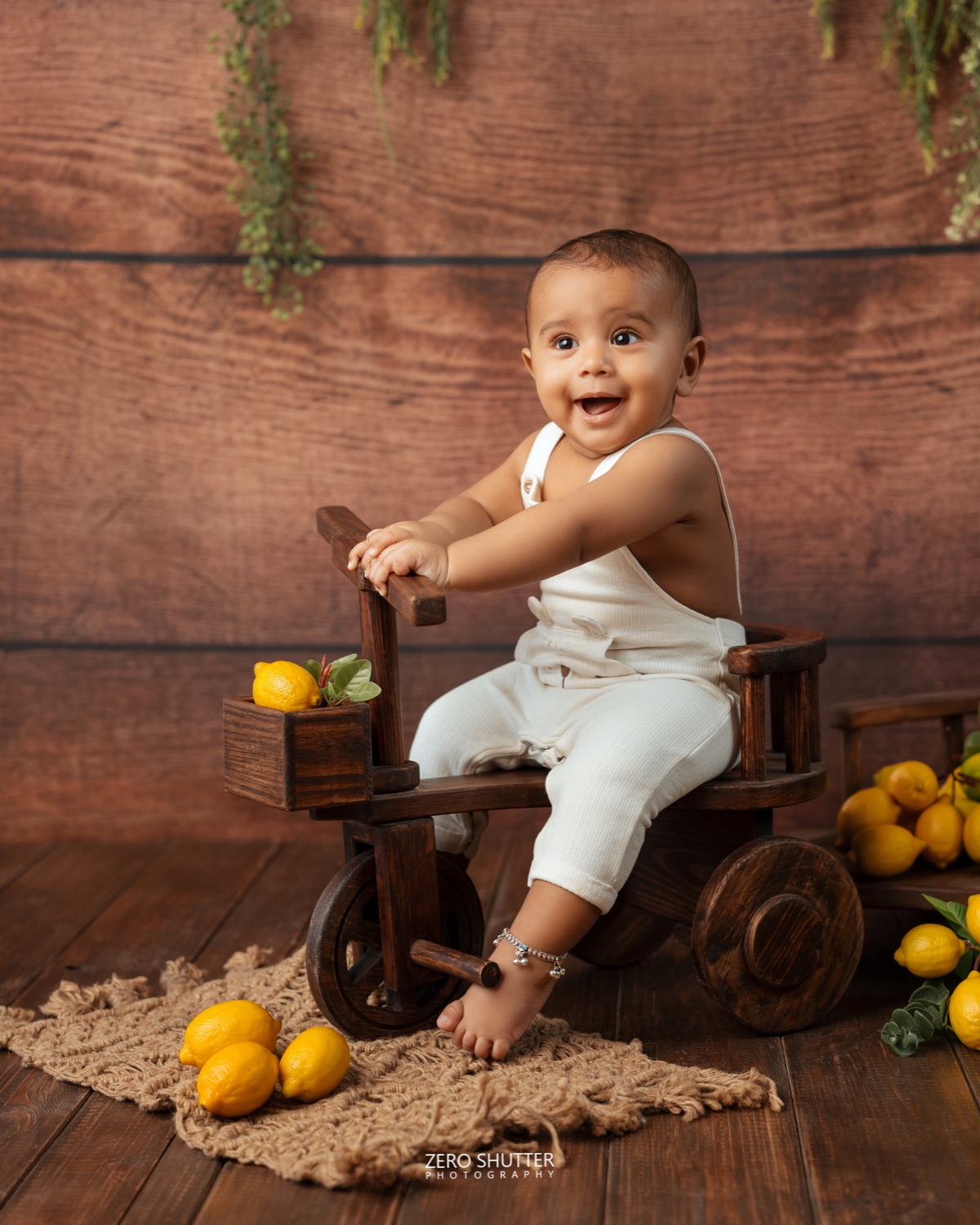 First birthday shoot on a wooden tricycle
